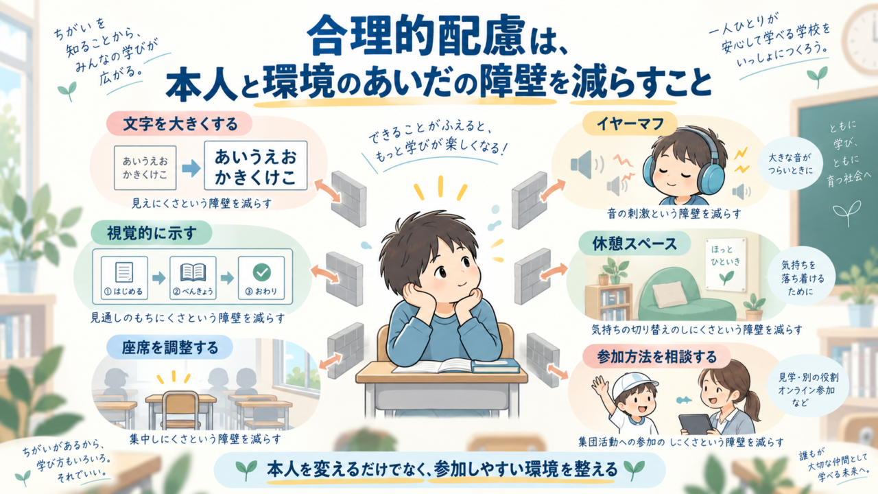 合理的配慮は本人と環境のあいだの障壁を減らすことを示した図解
