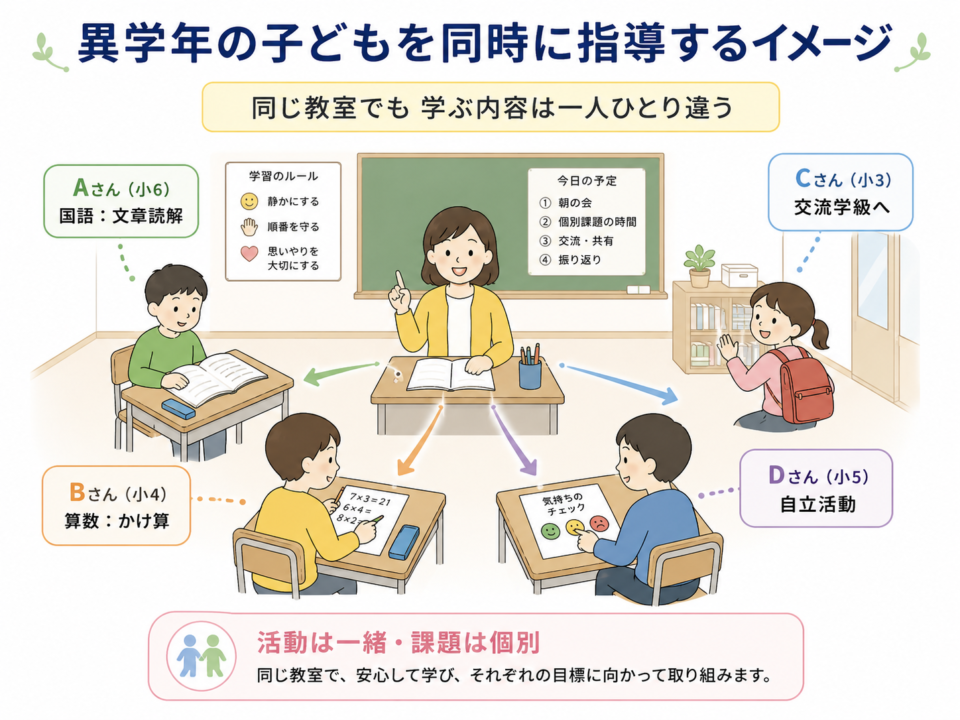 特別支援学級で異なる学年の児童を同時に指導する様子を示した図解