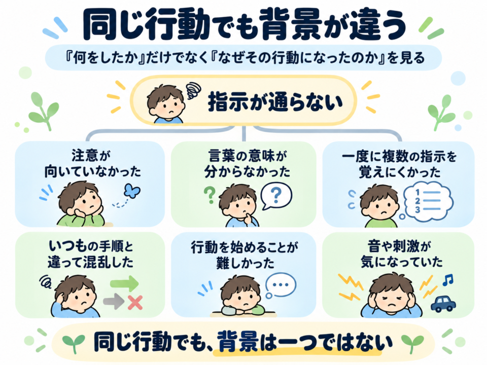 同じ行動でも背景が違うことを示した図解。指示が通らない行動にも、注意、理解、記憶、手順、行動開始、感覚など複数の背景が考えられる