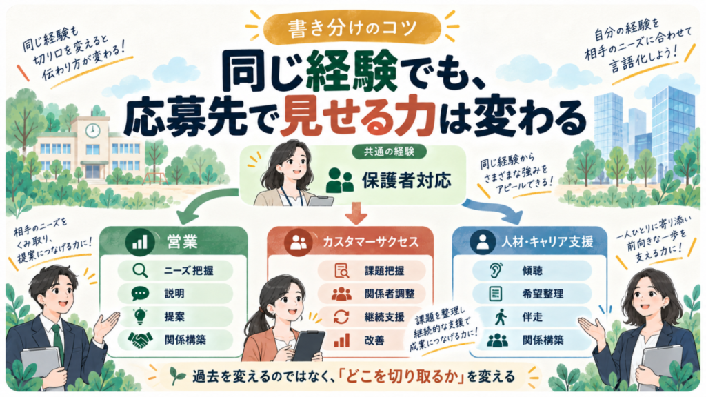 同じ教員経験でも営業・カスタマーサクセス・人材では強調する力が変わることを示す図