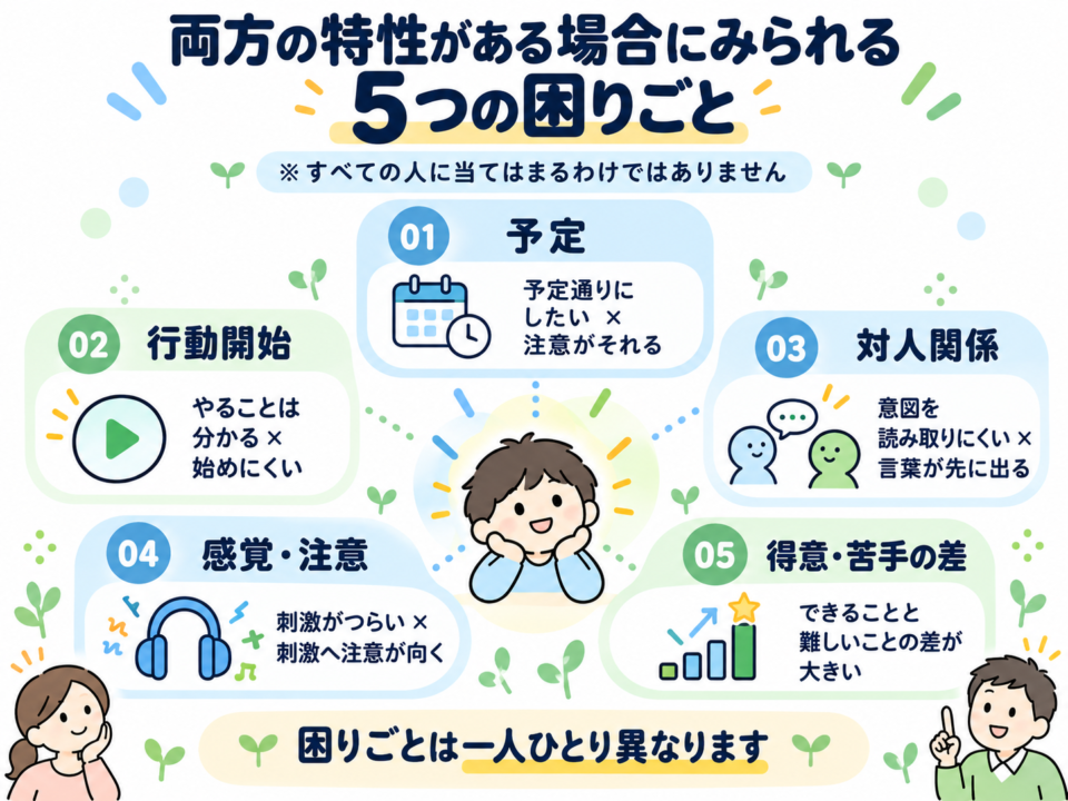 ASDとADHDの両方の特性がある場合にみられることのある5つの困りごとを、予定、行動開始、対人関係、感覚と注意、得意と苦手の差に分けて示した図解
