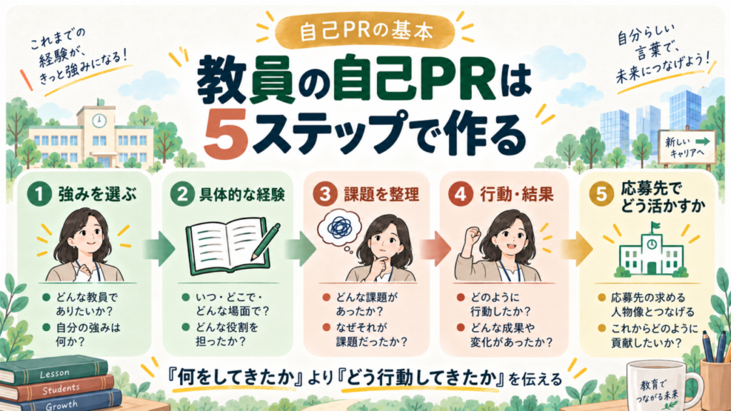 教員経験から自己PRを作る5つの基本要素を示した図