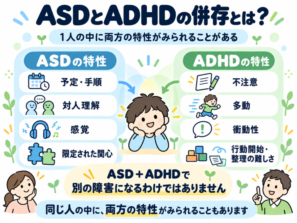 ASDとADHDの併存とは何かを示した図解。ASDの特性とADHDの特性が同じ人の中にみられることがある
