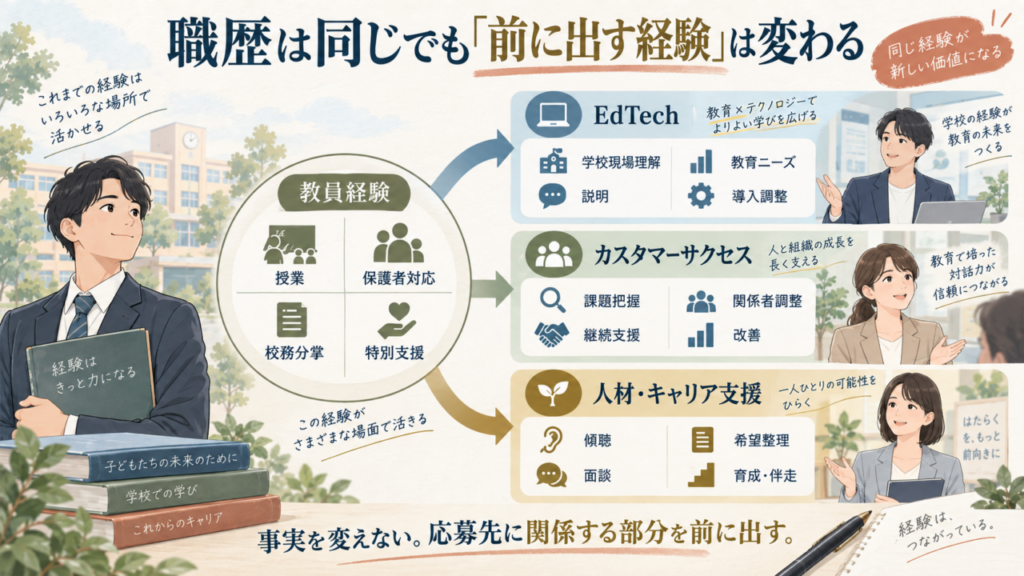 同じ教員経験でも応募先によって職務経歴書で強調する部分を変える図