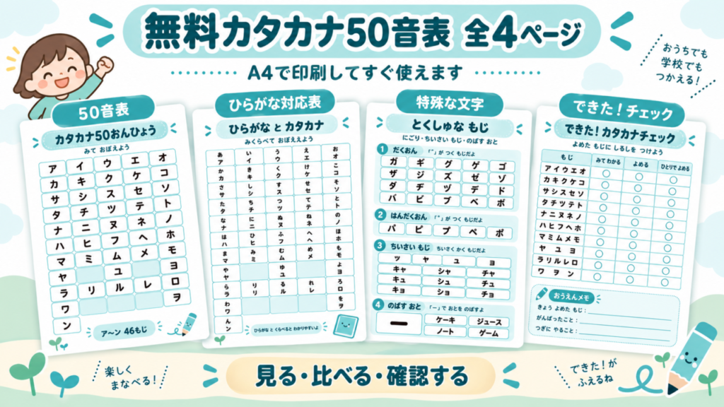無料で印刷できるカタカナ50音表全4ページ