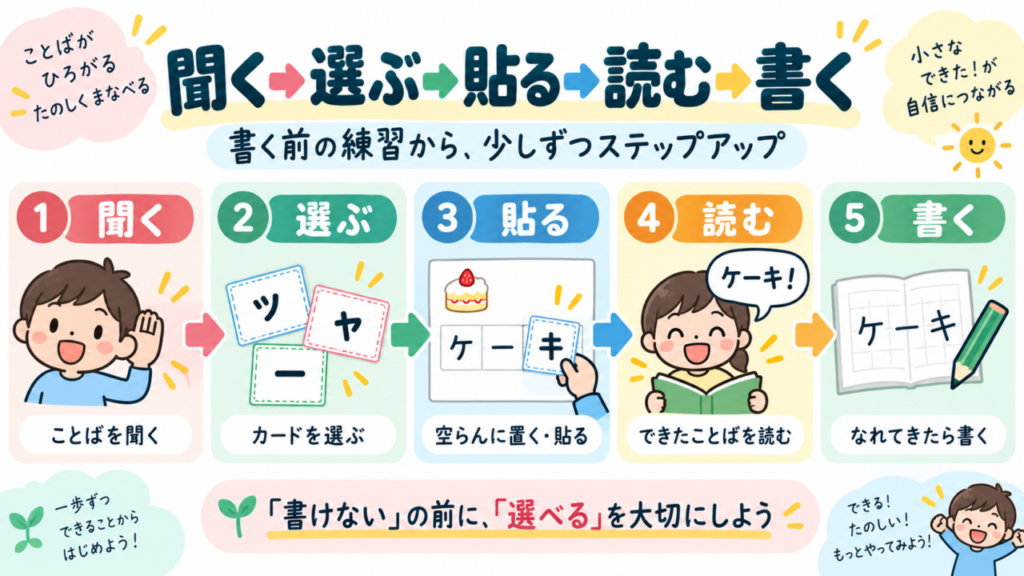 聞く・選ぶ・貼る・読む・書くの順でカタカナを学ぶステップ