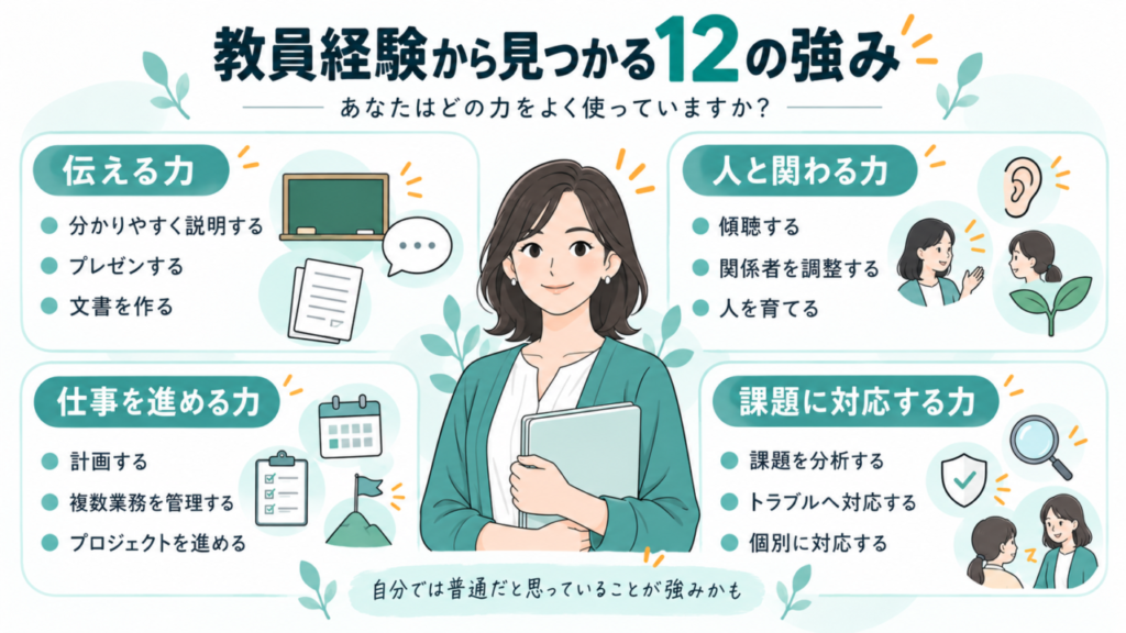 教員が転職で活かせる12の強みをまとめた図