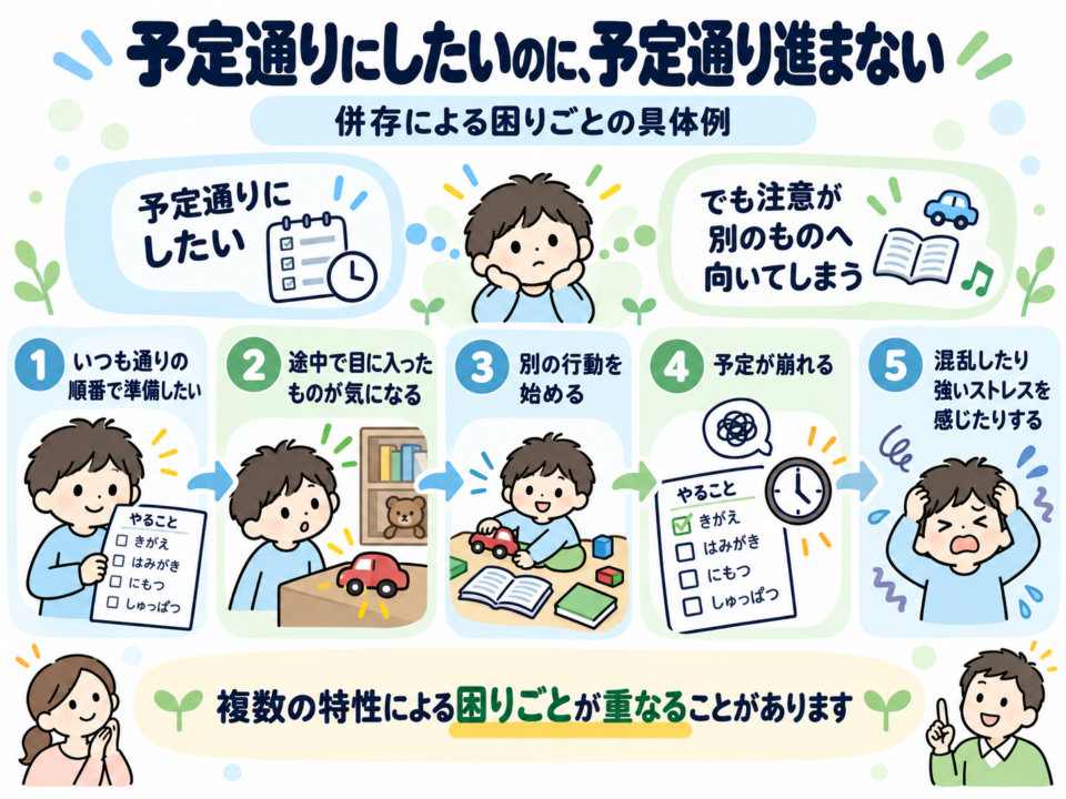 予定通りに行動したい気持ちがあっても途中で別の物に注意が向き、予定が崩れて混乱するまでの流れを示した図解