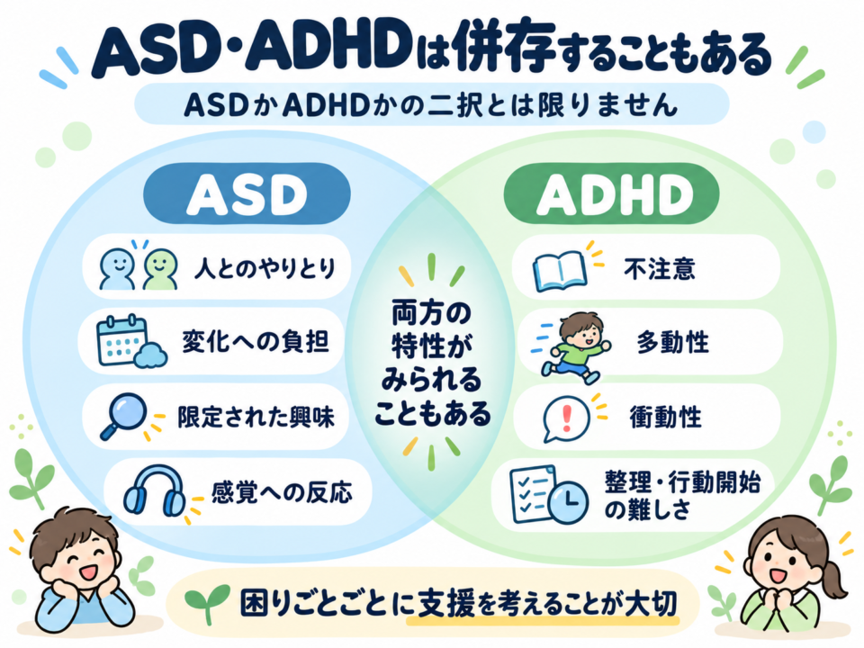 ASDとADHDは併存することもあることを示した図解。ASDとADHDの特性が重なってみられる場合がある