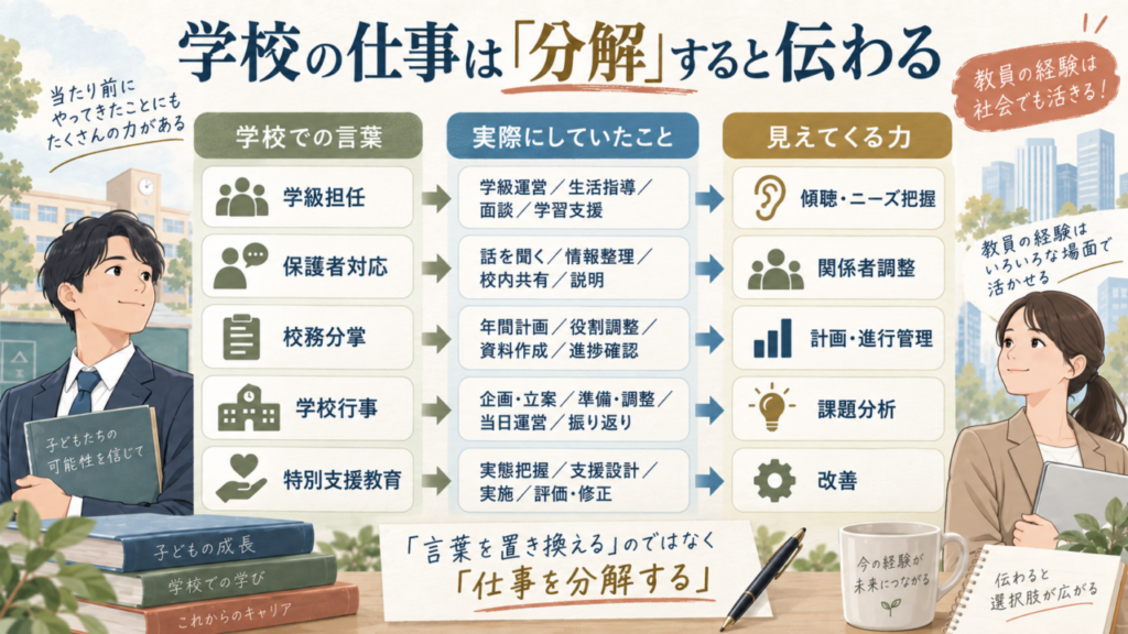 学校の仕事を分解して企業にも伝わる経験やスキルへ整理する図