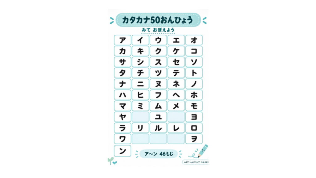 アからンまでを大きく掲載したカタカナ50音表