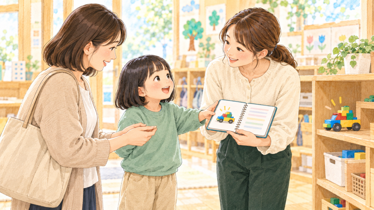 子どもが作ったブロックの車について話し、職員が保護者へ連絡帳を渡す場面