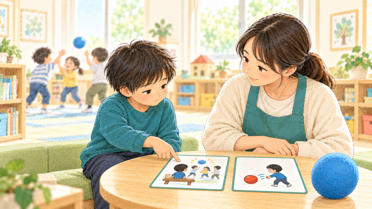 職員が実物のボールと見学・一回試すことを示す絵カードを用意し、子どもが見学を指さして選ぶイラスト