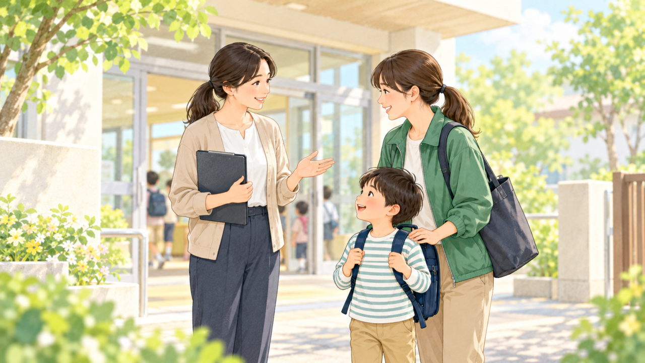 学校の玄関で子どもを見守りながら、担任と放課後等デイサービスの職員が短く会話するイラスト