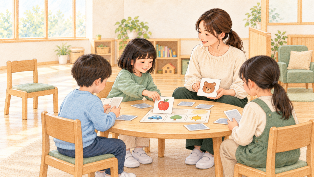 集団遊びを見学していた子どもが、途中から自分で選んだカードをめくる役割で関わるイラスト