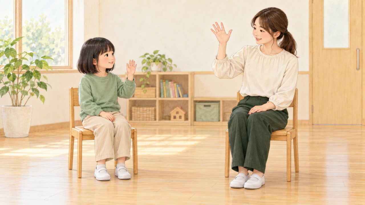 子どもと職員が椅子に座り、それぞれ無理のない高さで手を上げるまねっこポーズ