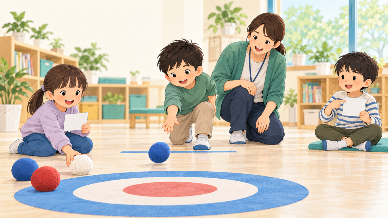 少人数でボッチャ風の遊びをし、投げる・道具を整える・見守る役割を分ける場面のイラスト