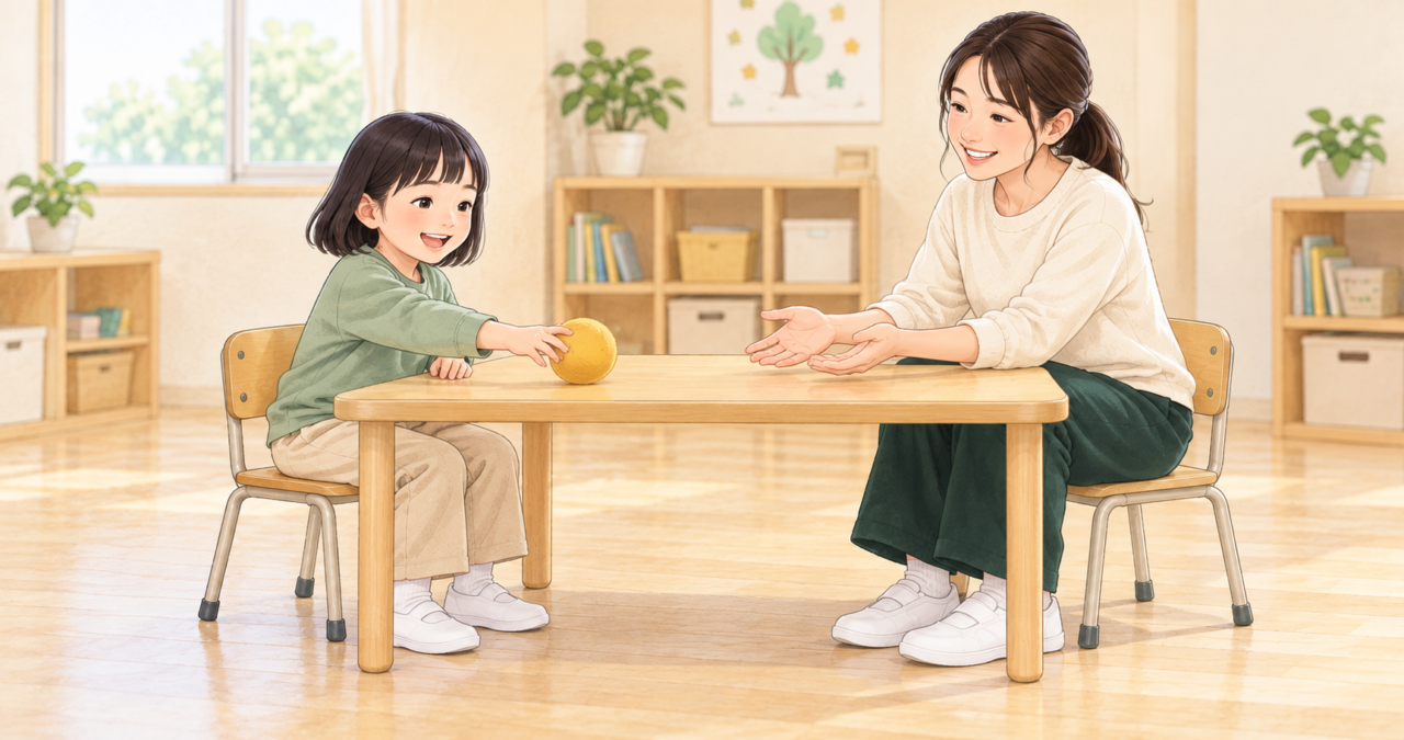 子どもと職員が椅子に座り、テーブルの上で柔らかいボールを転がしている場面