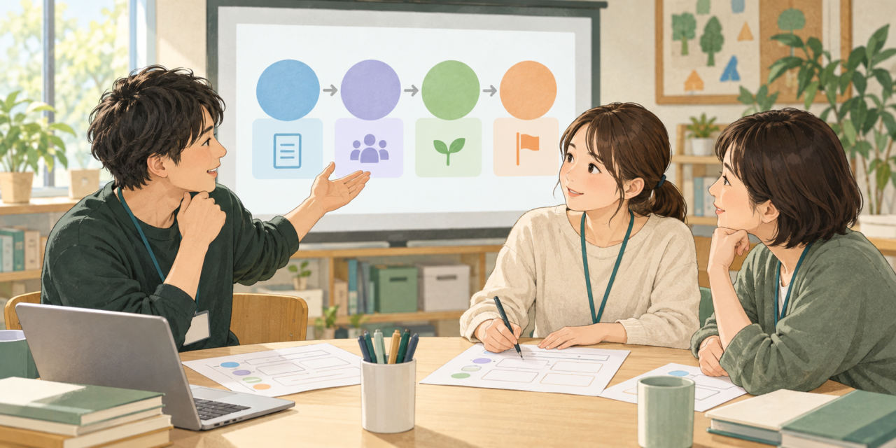 職員がスライドを見ながらワークに考えを書き、子どもの事例について話し合う研修風景のイラスト