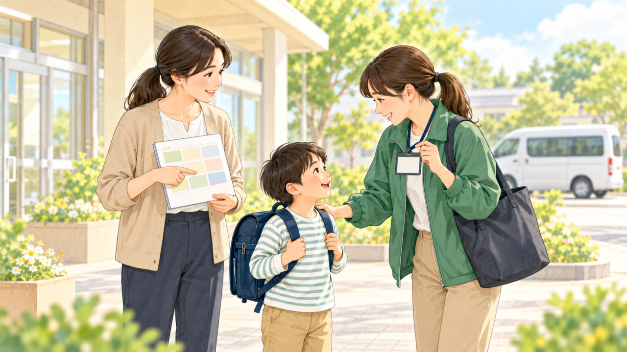 担任と放課後等デイサービスの職員が利用予定と迎えの担当者を確認し、子どもを安全に引き渡すイラスト