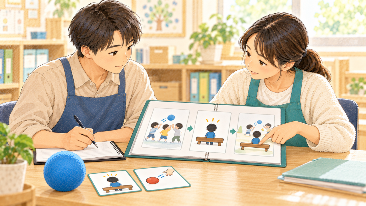 二人の職員が、子どもに示した参加方法と本人の選択、その後の様子を記録を見ながら振り返るイラスト
