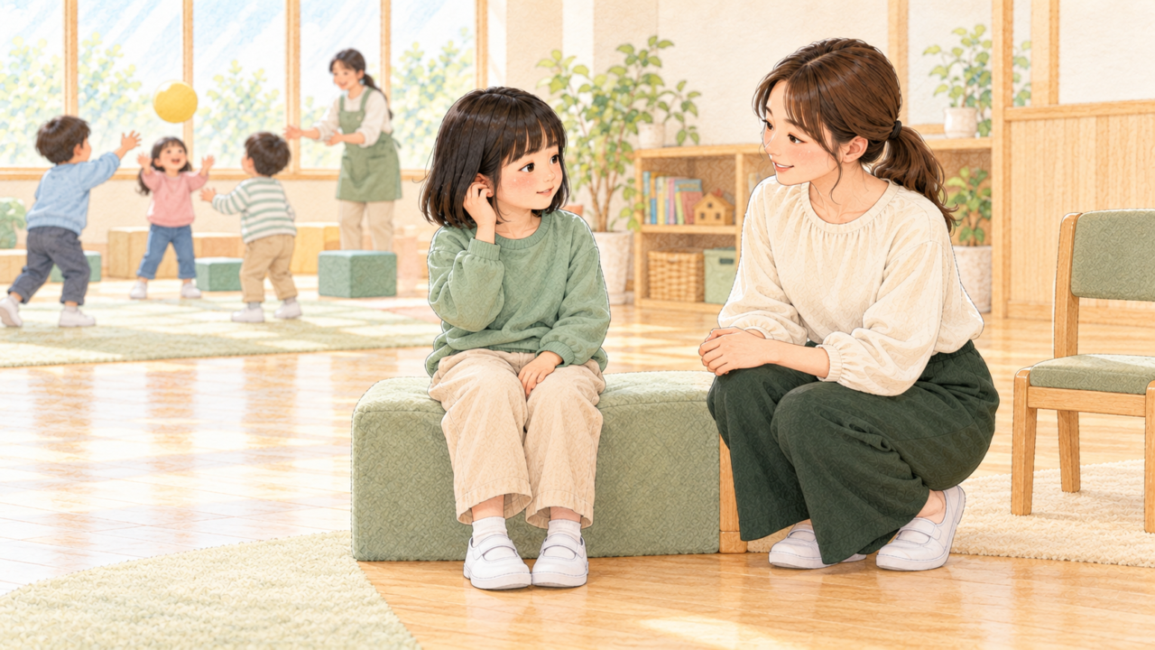 集団活動を見ている子どもに、職員が目線を合わせて本人の思いや参加しにくい条件を確かめるイラスト