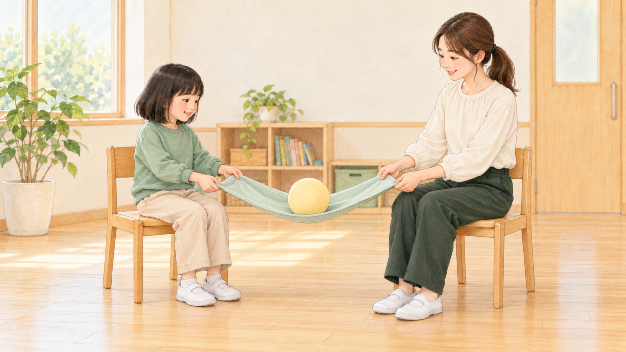 椅子に座った子どもと職員がタオルの両端を持ち、中央の柔らかいボールをゆっくり動かす場面