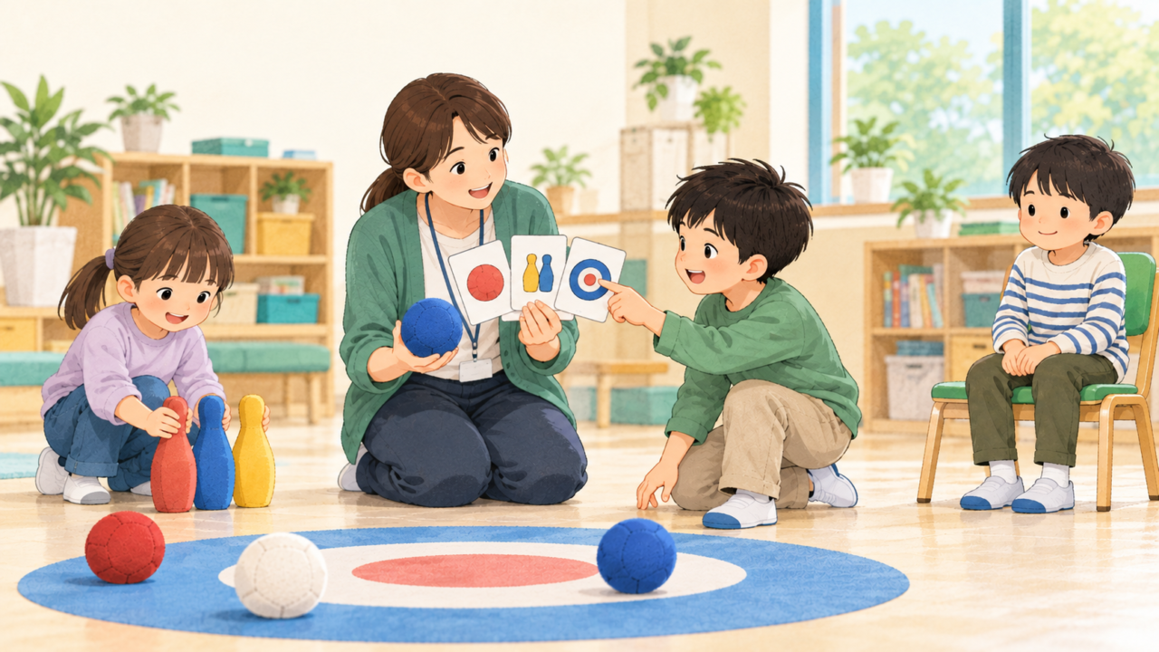 集団遊びで、遊ぶ・道具を準備する・見学するなどの参加方法を選ぶ場面のイラスト