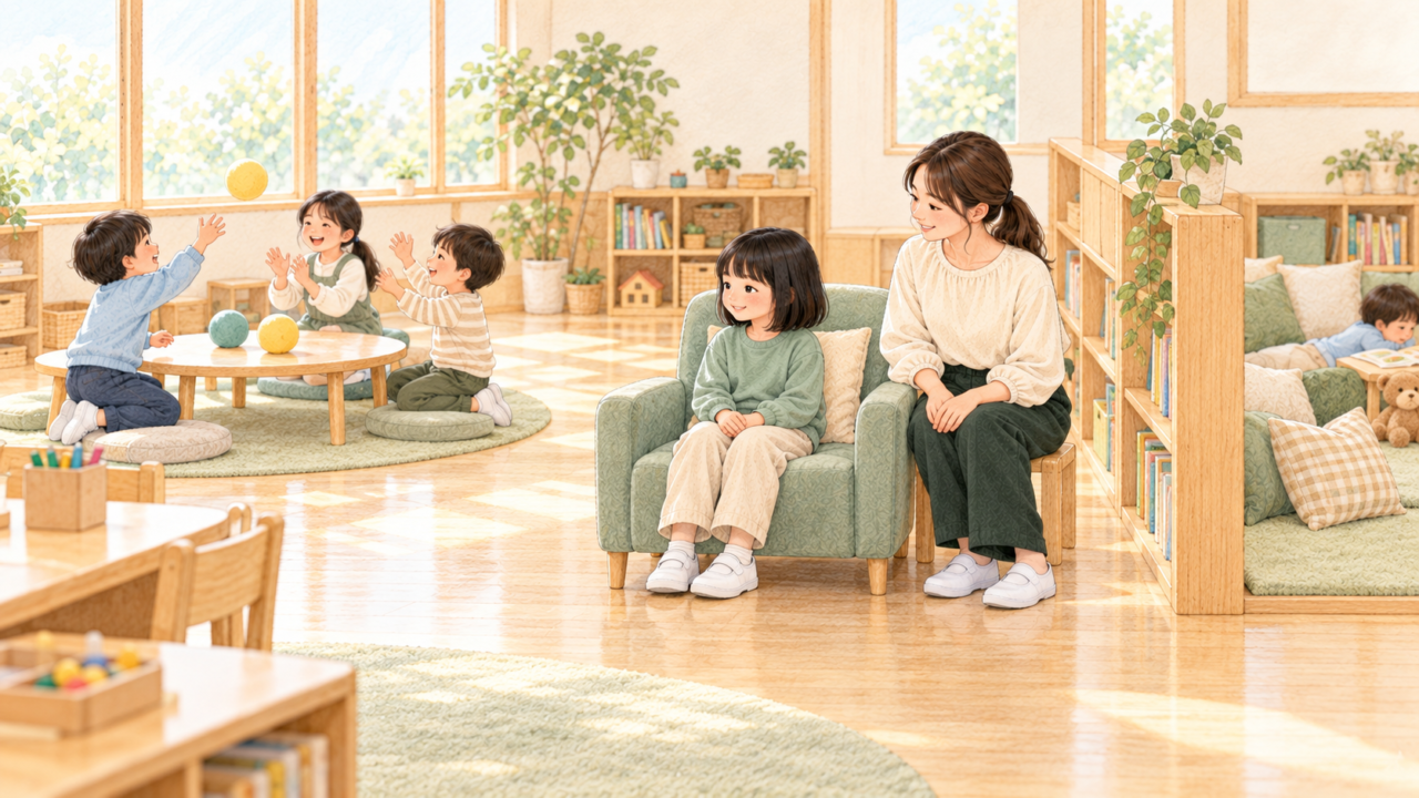 子どもが集団遊びを見学したり、活動や休憩を選んだりできる放課後等デイサービスの室内のイラスト