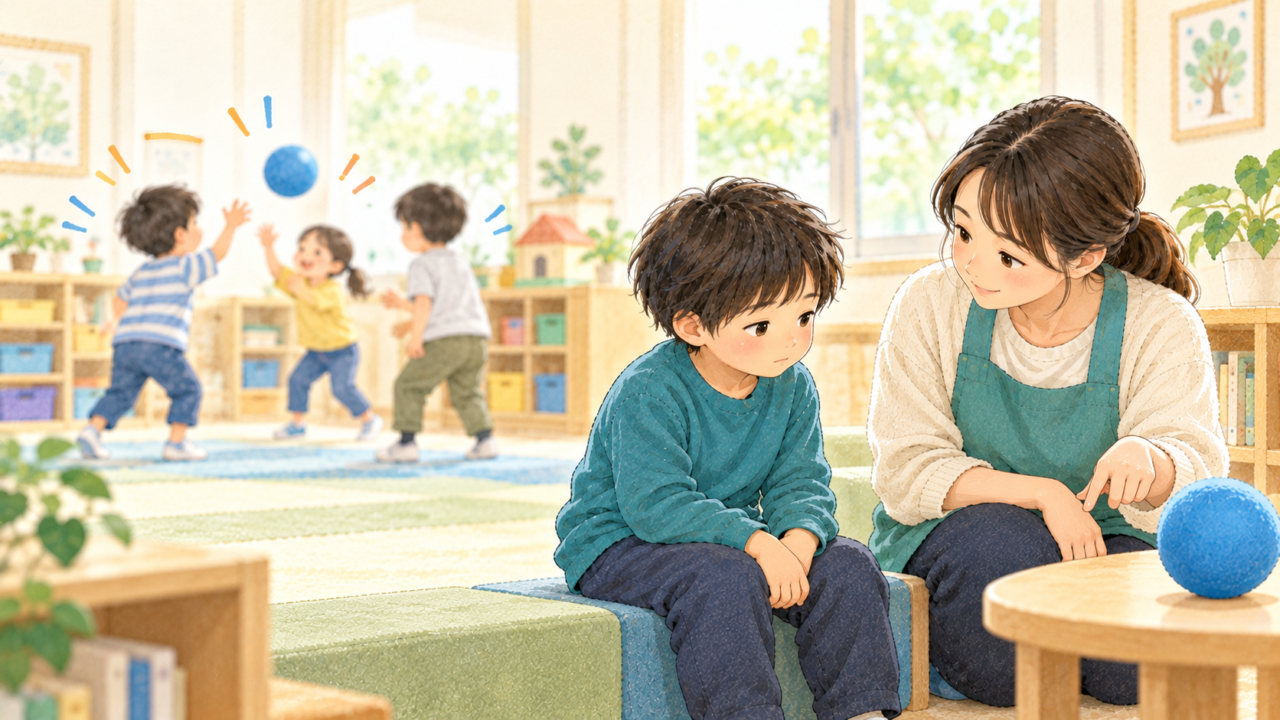 にぎやかな集団活動のそばで、職員が子どもの近くに移り、落ち着いた位置から実物のボールを見せるイラスト