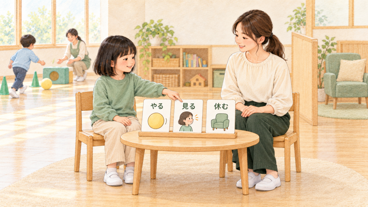 職員がやる・見る・休むのカードを示し、子どもが見るを選んでいる場面