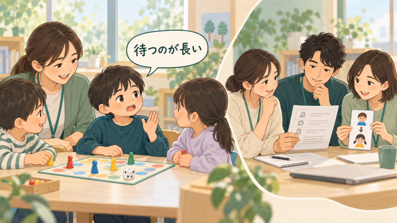 ボードゲーム中の子どもが待ち時間の長さを伝え、その言葉と活動記録をもとに職員が参加しやすい方法を話し合うイラスト